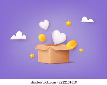 Donation Box with hearts and golden coin, money. Donation and charity concept. 3D Web Vector Illustrations.