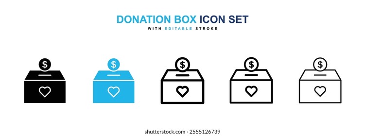 Donation box icon collection in black and blue colors