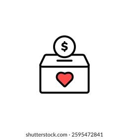 A donation box icon featuring a heart, representing love and giving, with a dollar sign above it.