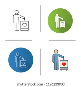 Donation box icon. Flat design, linear and color styles. Moneybox. Fundraising. Donate money to charity. Person dropping dollar coin into donation box. Isolated vector illustrations