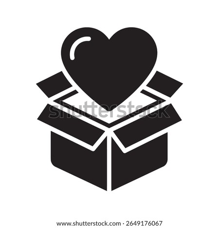 Donation box icon with a heart representing a charity gift of love a care package for a volunteer organization and support for a good cause vector solid glyph icon