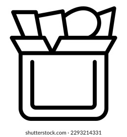 Vector de contorno de icono de caja de donación. Personas migrantes. Familia de ayuda