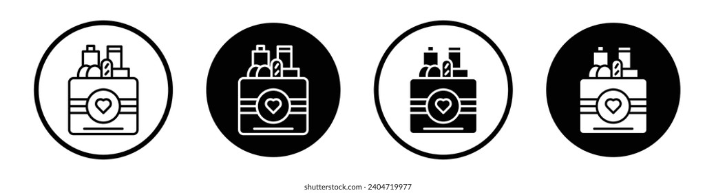 Juego de iconos de la caja de donaciones. Donar el símbolo vector de la caja de alimentos de comestibles. Símbolo del logo de la caja de compras de caridad del banco en un estilo lleno de negro y delineado.