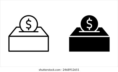 Conjunto de iconos de caja de donación con contorno y estilo de glifo sobre fondo blanco