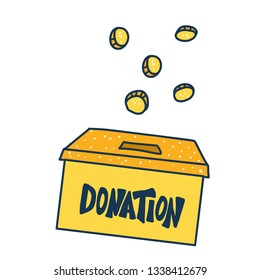 Donation box isolated. Donate lettering with coin and other decoration. Vector color illustration.