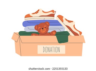 Donation box with kids toys, childrens clothes. Charity, humanitarian help, charitable voluntary aid for orphans. Donating to orphanage concept. Flat vector illustration isolated on white background