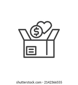 Donation Box line icon. linear style sign for mobile concept and web design. Box with heart and money outline vector icon. Volunteering and charity symbol, logo illustration. Vector graphics