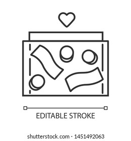 Donation box linear icon. Collecting box with banknotes and coins. Moneybox. Charity fundraising container. Thin line illustration. Contour symbol. Vector isolated outline drawing. Editable stroke