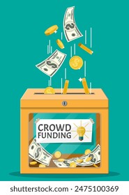 Donation box and money. Funding project by raising monetary contributions from people. Crowdfunding concept, startup or new business model. Vector illustration in flat style