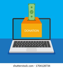 Caja de donaciones en la pantalla de un portátil. Concepto de donar, dar dinero en línea. Ilustración vectorial.