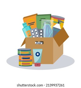 Donation box. Open cardboard box with food supplies, medicines, sanitizer, face masks and etc.  Humanitarian aid.  Help for refugees. Vector illustration.