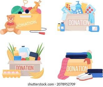 Donation box semi flat color vector item set. Full realistic object on white. Supply for humanitarian aid isolated modern cartoon style illustration for graphic design and animation