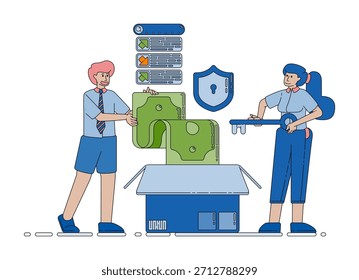 Concepto de servicio de caja de donación con protección segura, Asistencia de caridad, ayuda laboral y Elementos de ayuda comunitaria Vector Caricatura