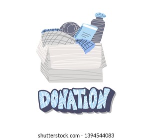 Donation box with text. Donate things with lettering isolated on white background. Charity emblem in flat style. Vector color illustration. 