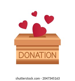 Donation box. Throwing hearts in a box for donations. Donate, giving money and love. Concept of charity. Give and share your love with people. Humanitarian volunteer activity. Vector