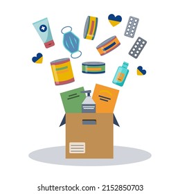 Donation box to Ukraine. Open cardboard box with flying food supplies, medicines, sanitizer, face mask. Humanitarian aid.  Help for refugees. Ukrainian flag in hearts. Vector illustration.