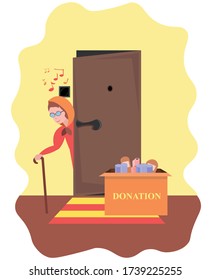 The donation box is under the door. An elderly woman picks up contactless delivery. Assistance to those in need in a difficult life situation. Website design, postcards and banners.