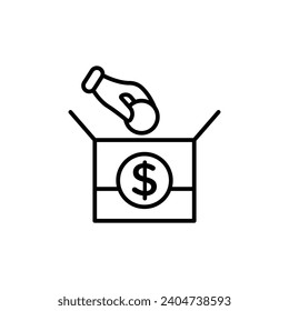 Donation box vector illustration. Donate grocery food box vector sign. Bank charity grocery box vector icon in black and white color.