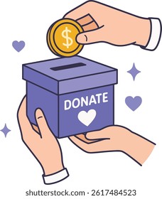 Donation Box Vector Illustration with Hand Placing Coin.