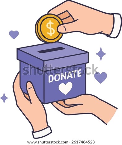 Donation Box Vector Illustration with Hand Placing Coin.