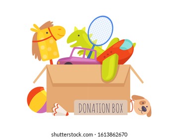 Donation box. Voluntary help children, isolated box with toys. Charity vector illustration