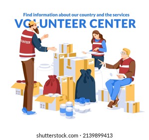 Donation boxes. Big storage. Food help, volunteers shelter services. Volunteers big hub and coordination center for humanitarian help. Flat vector concept illustration