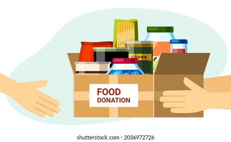 Donation Boxes With Canned Food Illustration. Freshly Prepared Food Packaged In Sealed Jars Helping People In Need And Poor People Giving Out Charities And Saving From Hunger. Vector Kindness.