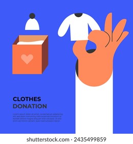 Donation boxes. Exchange of used clothes. Hand with Fashionable donation box for charity clothing. Giving clothes to donation bins. Flat vector illustration.