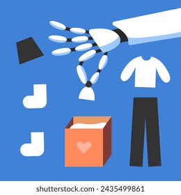 Donation boxes. Exchange of used clothes. Robot Arm with Fashionable donation box for charity clothing. Flat vector illustration.
