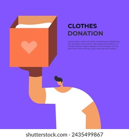Cajas de donaciones. Intercambio de ropa usada. Hombre con caja de donación de moda para ropa de caridad. Ilustración vectorial plana.