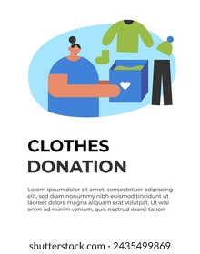 Cajas de donaciones. Intercambio de ropa usada. Chica da caja de donación de moda para ropa de caridad. Ilustración vectorial plana.