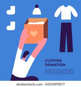 Cajas de donaciones. Intercambio de ropa usada. Niño da caja de donación de moda para ropa de caridad. Ilustración vectorial plana.