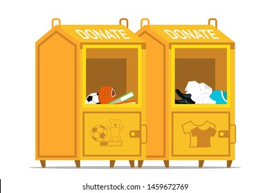 Donation boxes flat vector illustration. Containers with used toys, books and second hand clothes. Humanitarian activity, charity. Philanthropy, homeless children help. Voluntary giveaway, generosity