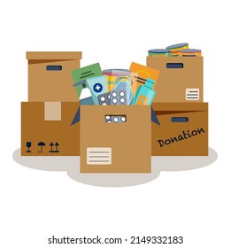 Donation boxes. Open cardboard box with food supplies, medicines, sanitizer, face masks. Humanitarian aid. Help for refugees. Charity. Vector illustration in flat cartoon style.