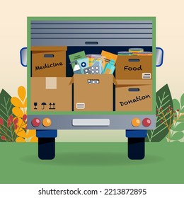 Donation Boxes In Open Truck, Van Help For Refugees. Humanitarian Aid. Charity Work. Food And Medicine Supplies. Vector Illustration In Flat Cartoon Style.