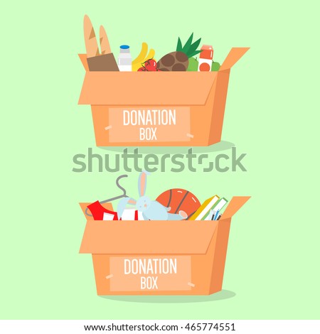 Donation boxes set. Box with different type of donation isolated. Vector Illustration