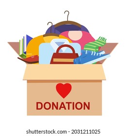 Donation cardboard box with clothes, wear, books, shoes for refugeesHelp for refugees, poor kids. Awareness and charity concept, vector, illustration flat cartoon style