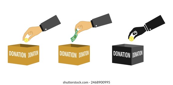 Caja de cartón de donación con inserciones de mano humana moneda de oro, dinero. Concepto de donación y caridad. Ilustración vectorial aislada sobre fondo blanco.