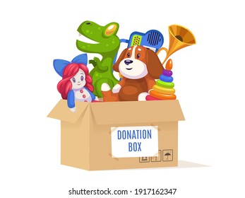 Donation cardboard box. Volunteer community support poor families and orphans, kids toys and games, doll and bear in container, help for children cartoon bright isolated on white background concept