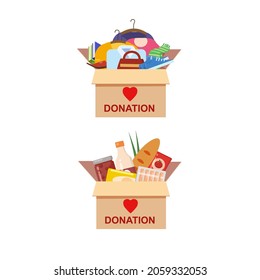 Donation cardboard boxes with clothes, food, wear, books, shoes for refugees. Help for refugees, poor kids. Awareness and charity concept, vector, illustration flat cartoon style