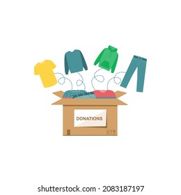 Donation carton filled with used clothing. Clothes flying into the box. Concept of social and humanitarian aid, volunteering and charity.Vector illustration.