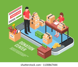 Donation center isometric composition with office employees sorting cardboard boxes of charitable gifts for needy children vector illustration