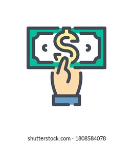 Donation and Charity color line icon. Hand with Dollar Note vector outline colorful sign.