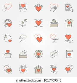 Donation and charity colored icons set. Vector donate creative symbols or logo elements