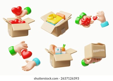 Donation and charity concept. 3D cartoon vector illustrations set. Render hands give and take hearts. Boxes of food and clothing, essential items. Volunteering help, social support organization