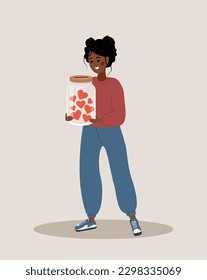 Concepto de donación y caridad. Mujer africana sosteniendo en un frasco de vidrio con corazones rojos. Dale y comparte tu amor. Apoyo y esperanza para las personas sin hogar y pobres. Ilustración vectorial al estilo de las caricaturas.