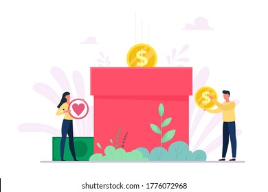 Donation and charity concept with characters. Vector illustration in flat style.