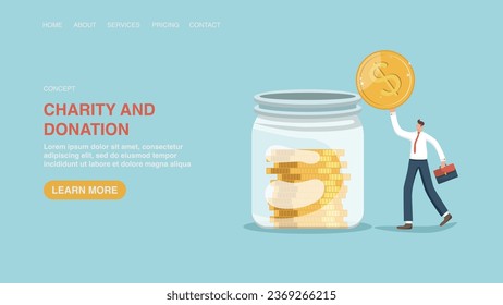 Donation and charity concept. Helping those in need and financing social organizations. Web banner, infographic, web page. A man throws a coin into a jar of coins.