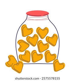 Donation and charity concept. Jar full off heart shaped coins. Modern isolated vector illustration.
