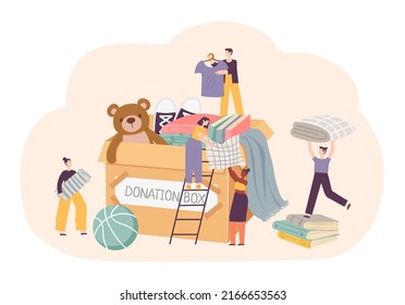 Donación, concepto de caridad. Pequeños personajes femeninos y masculinos reuniendo los artículos necesarios para la caja de donaciones. Hombre y mujer llevando ropa, libros, mantas y juguetes. Voluntarios ayudando a vectores pobres